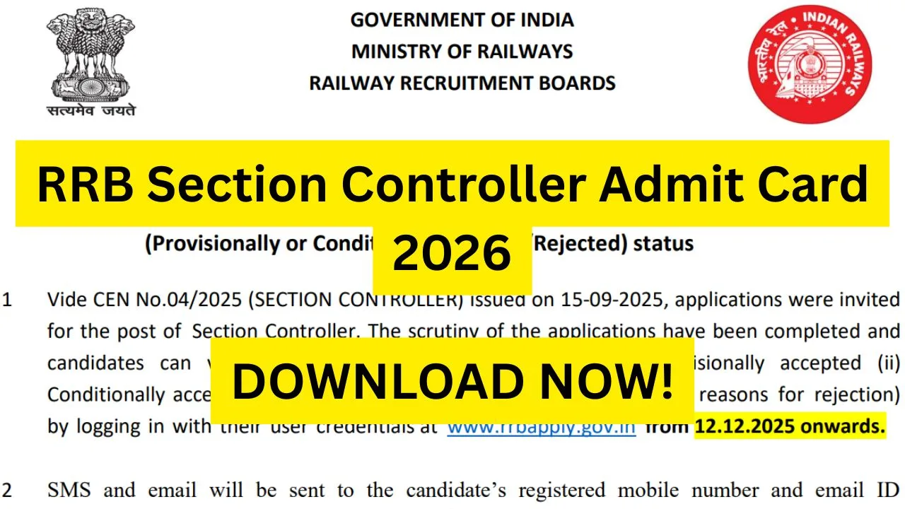 RRB Section Controller Admit Card 2026